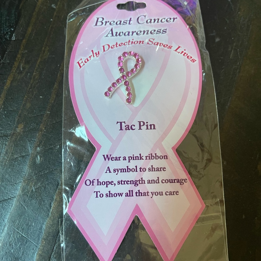 Breast Cancer Awareness Silver Tone Pink Crystal Ribbon Tac Pin